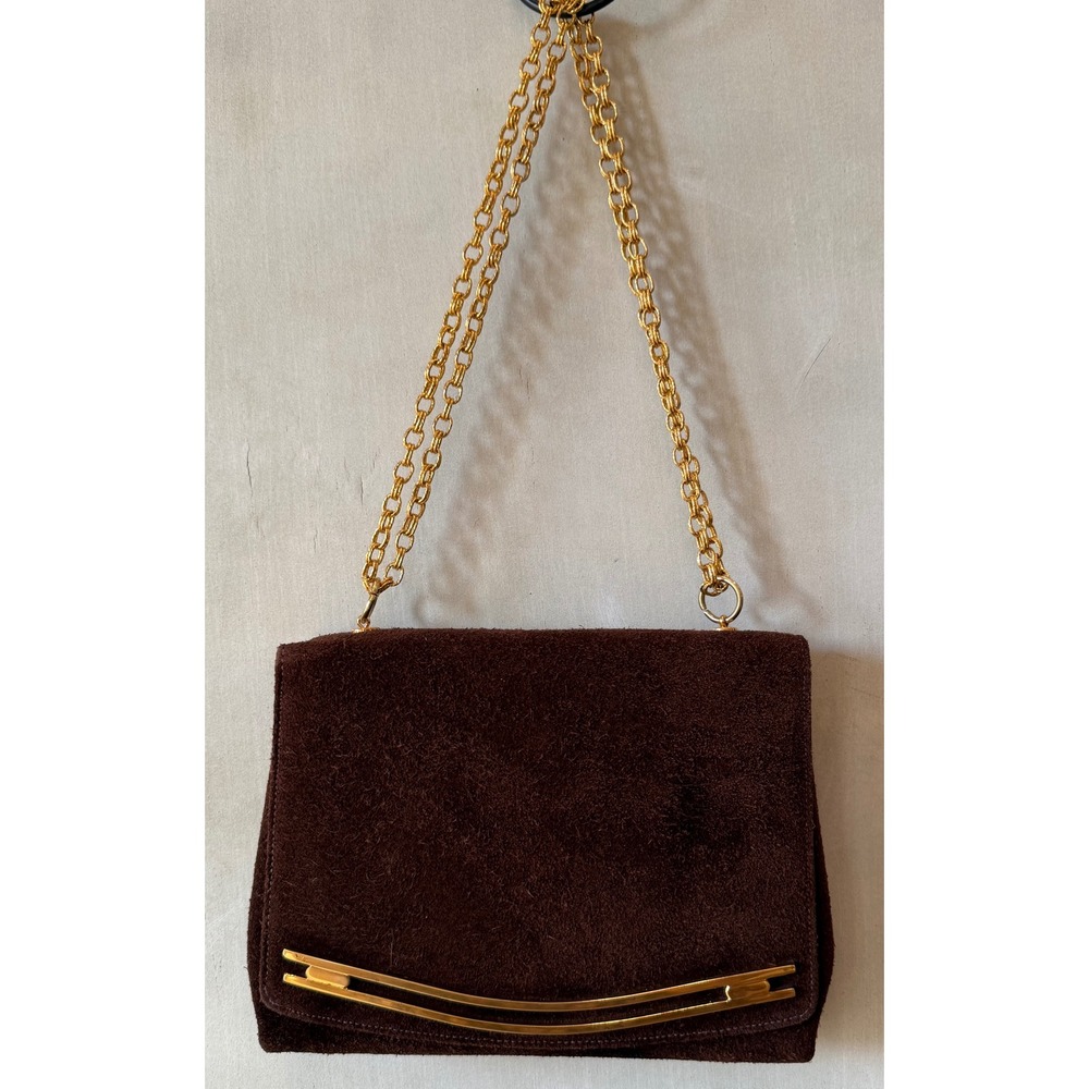 VTG TRIANGLE New York Brown Suede Chain Shoulder Bag Gold Bar Accent Evening*SEE